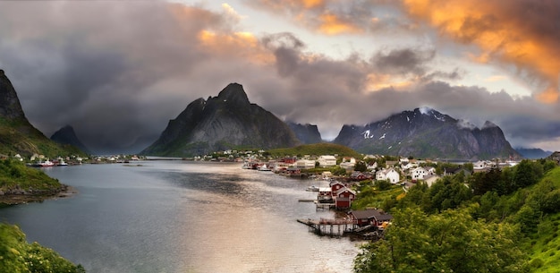 Panorama of mountains and reine in lofoten islands norway