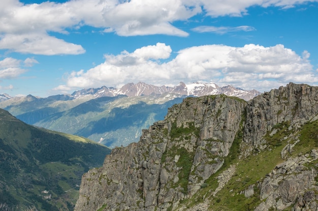 Panorama of mountains scene, route great Aletsch Glacier in national park Switzerland, Europe. Summer landscape, sunshine weather, blue sky and sunny day