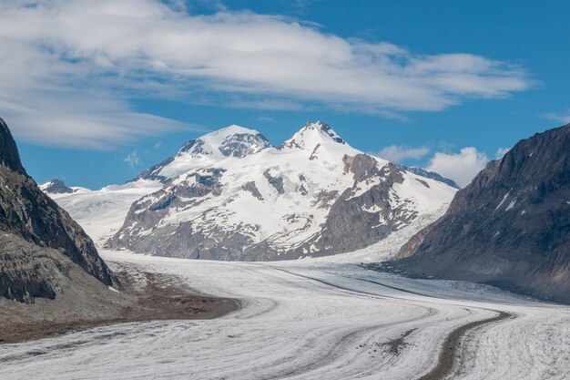 Panorama of mountains scene, walk through the great Aletsch Glacier, route Aletsch Panoramaweg in national park Switzerland, Europe. Summer landscape, sunshine weather, blue sky and sunny day