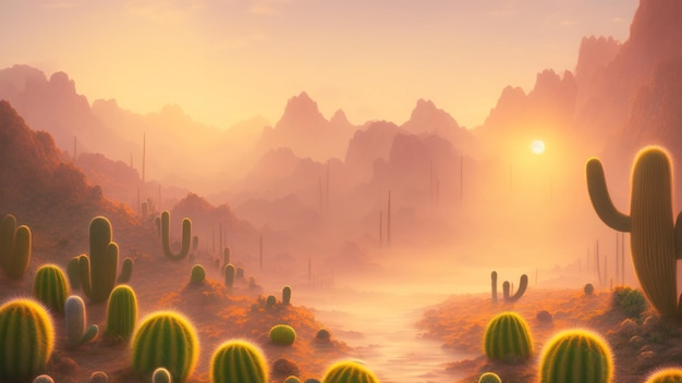 Panorama mountains and sunset sky with cactus