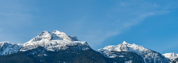 澄んだ青い空の上に雪が降る山々のパノラマブリティッシュコロンビア州カナダ