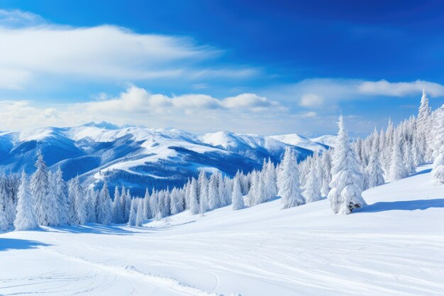 Panorama of mountains with snowy offpiste slope and blue sunlit sky at winter