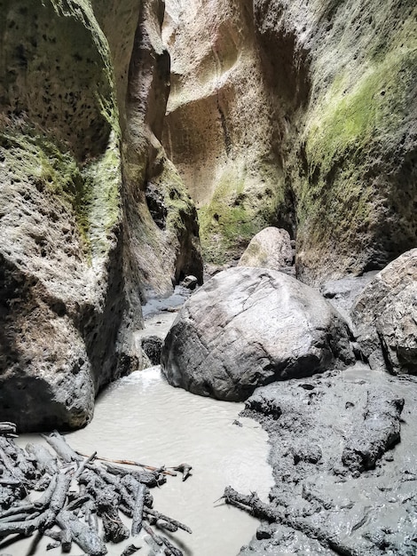 Panorama of the narrow mountain Karadakh gorge with sunlight in Dagestan Russia June 2021