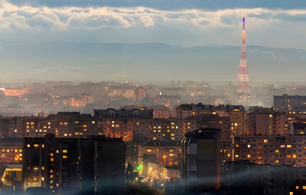 Photo panorama of night aerial view of ivano-frankivsk city, ukraine.