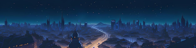 별이 가득한 하늘을 가진 야간 도시의 파노라마 (Bird's Eye View에서 2D 일러스트레이션)
