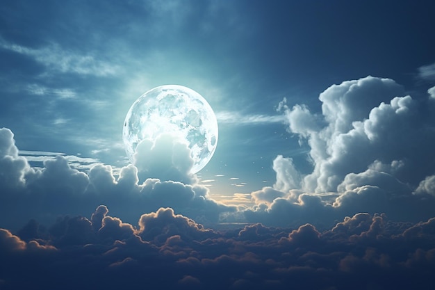 Photo panorama of night sky with clouds and full moon