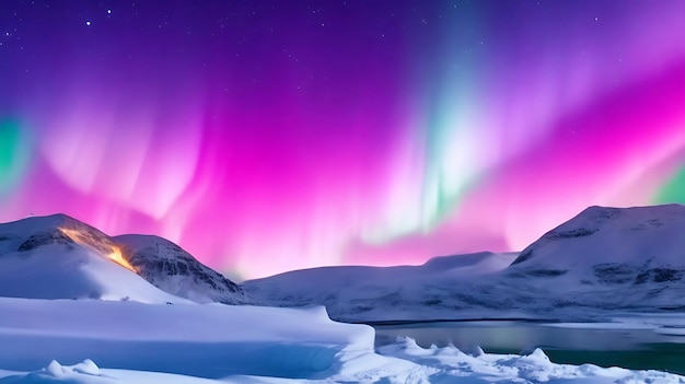 Panorama of the northern lights over snowcapped mountains