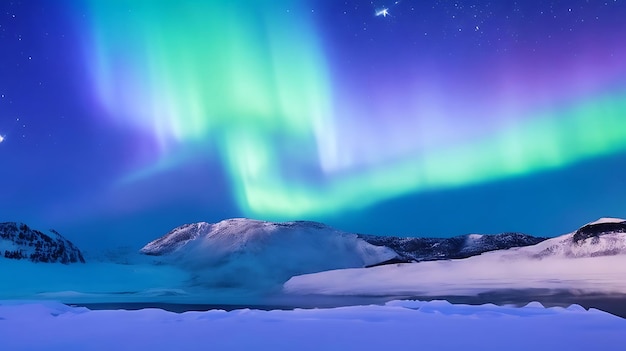 Panorama of the northern lights over snowcapped mountains