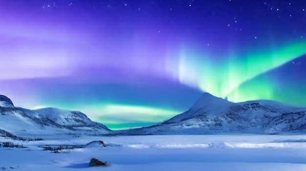 Panorama of the northern lights over snowcapped mountains