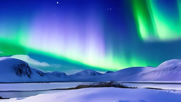 Panorama of the northern lights over snowcapped mountains