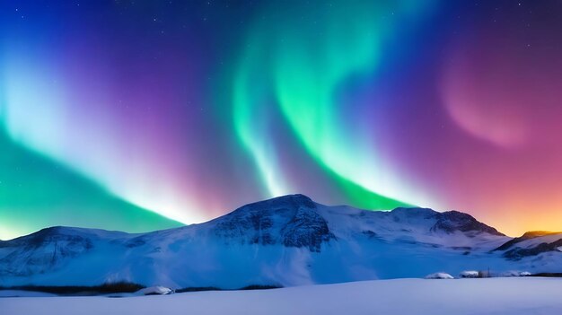 Panorama of the northern lights over snowcapped mountains