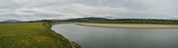 Panorama of the Northern river in the tundra