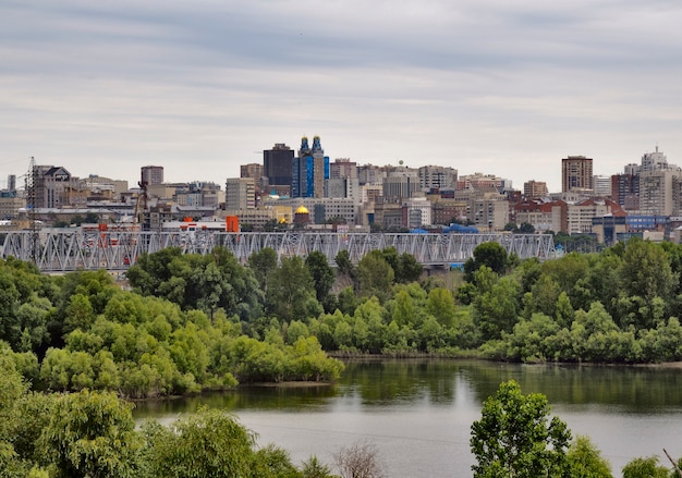 Panorama of Novosibirsk with the railway bridge