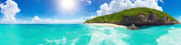 Панорама океанского пляжа в солнечный день с волнами, разбивающимися о берег Иллюстрация морского пейзажа с песчаным пляжем, бирюзовой водой, большой скалой, покрытой зеленью, солнцем и небом с облаками Генеративный AI