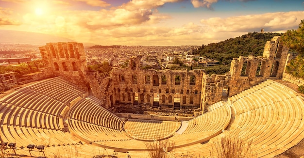 Panorama of Odeon of Herodes Atticus at sunset Athens Greece