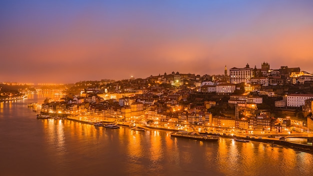 Panorama of old city Porto at sunset,  Portugal.