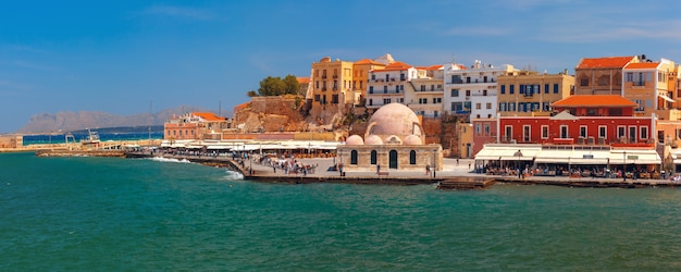 Panorama of old harbour, Chania, Crete, Greece