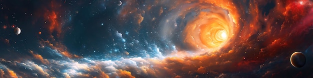 Панорама открытого пространства со звездами, галактиками, созвездиями, планетами и черной дырой во Вселенной.