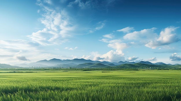 panorama paddy fields in the morning light with blue sky