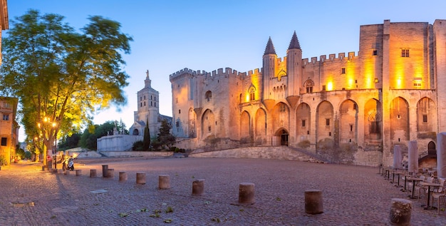 Photo panorama of palace of the popes and avignon cathedral during evening blue hour avignon france