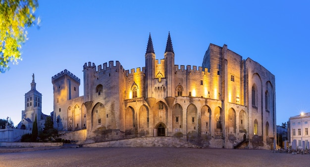 Photo panorama of palace of the popes and avignon cathedral during evening blue hour avignon france