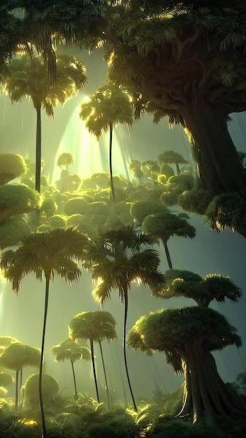 나무 판타지 숲 안개 야자 정글 3D 그림을 통해 태양 광선 일몰에 야자수 숲의 파노라마