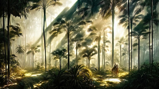Панорама пальмового леса на закате солнечные лучи сквозь деревья фэнтезийный лес туман пальмовые джунгли 3D иллюстрация