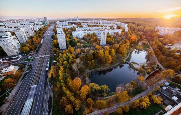 Panorama of the park in Moscow, aerial view in autumn season.