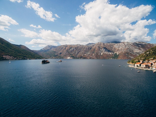 Panorama of perast and the islands of gospa od skrpjela and st george montenegro