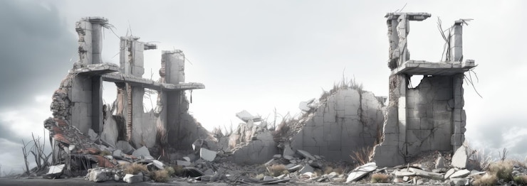Photo panorama a pile of concrete gray fragments of a destroyed building illuminated by the sun with a huge support beam in the foreground isolated on a white background