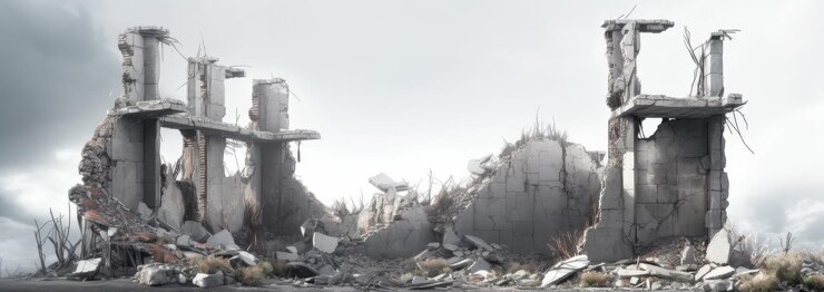 Photo panorama a pile of concrete gray fragments of a destroyed building illuminated by the sun with a huge support beam in the foreground isolated on a white background