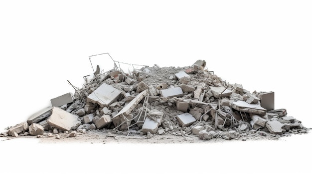 Photo panorama a pile of gray concrete debris remains of a destroyed building isolated on a white