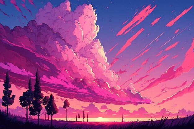 Panorama of a pink hued sunset with blue pink clouds on the horizon is sunset image used for the banner room for text