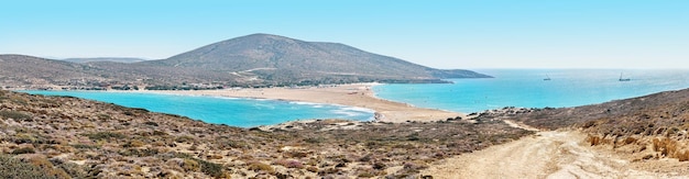 Panorama of Prasonisi beach with Aegean and Mediterranean seas on Rhodes