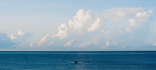 PANORAMA real photo natural cloudscape wallpaper Beautiful white fluffy cumulus clouds summer blue sky calm sea horizon skyline Concept atmosphere meteorology more size and tone collection in stock