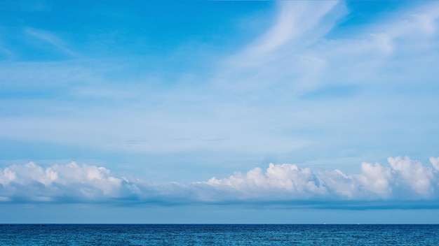 Panorama real photo natural cloudscape wallpaper beautiful\
white fluffy cumulus clouds summer blue sky calm sea horizon\
skyline concept relax mood more size and tone collection in\
stock