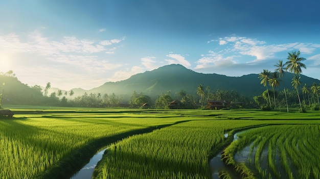 panorama rijstvelden in het ochtendlicht