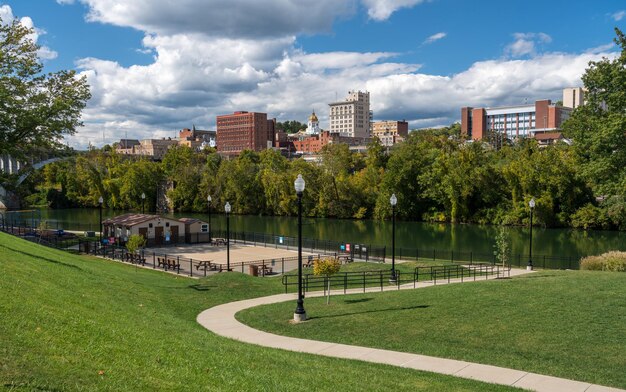 Panorama of the river and city skyline of Fairmont in WV taken from the Palantine park on the waterfront