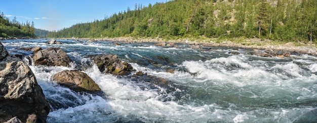 Panorama of the river rapids in the polar urals