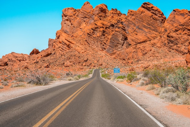 Panorama of the road in the Valley of Fire Park in Nevada