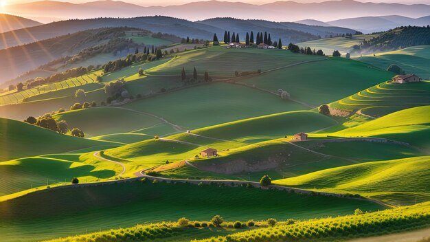 panorama of the Romanesque countryside at sunset in the evening light beautiful spring landscape in the mountains grassy field and hills rural scenery