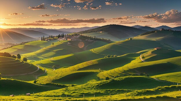 panorama of the Romanesque countryside at sunset in the evening light beautiful spring landscape in the mountains grassy field and hills rural scenery