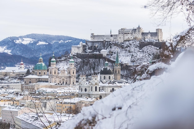 Panorama of Salzburg in winter Snowy historical center and old city