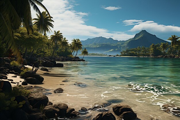 Panorama of a sandy beach with a mountain range and a tropical forest