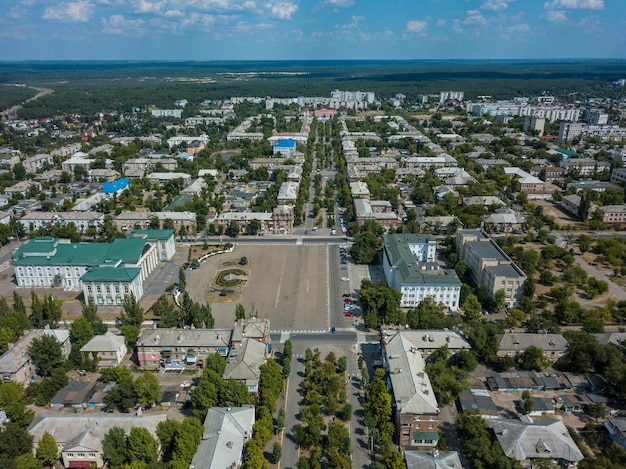 Panorama scenic aerial green suburban area in Ukraine