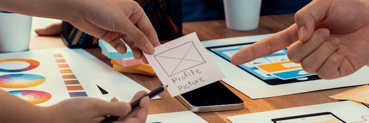 Фотография панорамный снимок команды разработчиков внешнего интерфейса, проводящей мозговой штурм по проектам пользовательского интерфейса и ux для мобильного приложения на бумаге. каркасный интерфейс. команда разработчиков пользовательского интерфейса планирует создание удобного для пользователя дизайна пользовательского интерфейса.