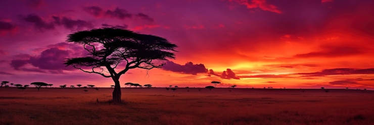 Foto panorama silhouet boom in afrika met zonsondergang