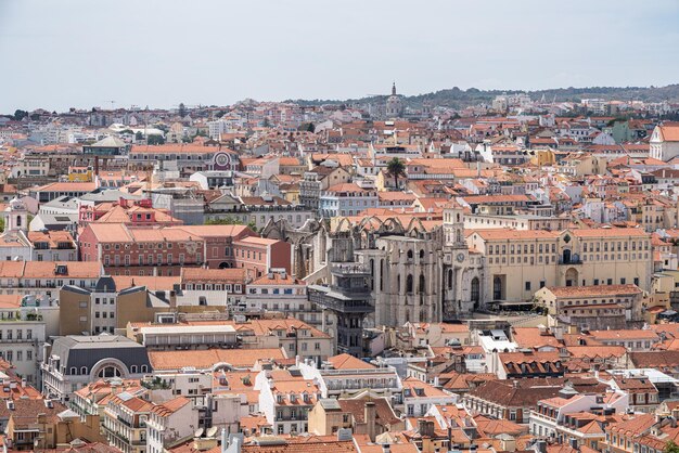 Panorama of the skyline of Lisbon over the rooftops of the old town from the castle