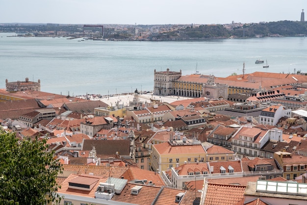 Panorama of the skyline of Lisbon over the rooftops of the old town from the castle