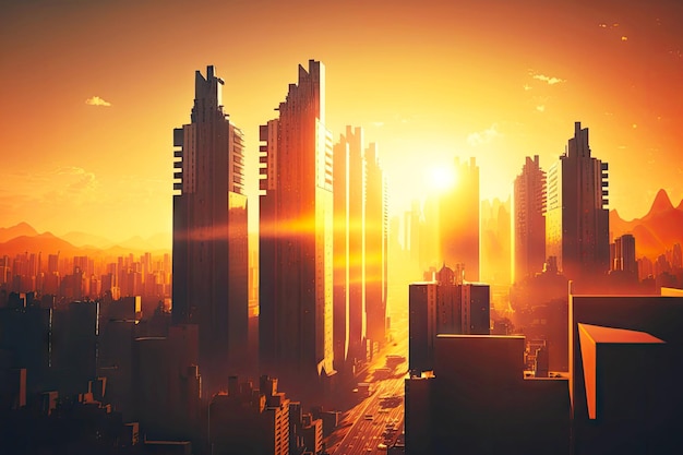 Panorama of skyscrapers on background of setting sun city rooftop view